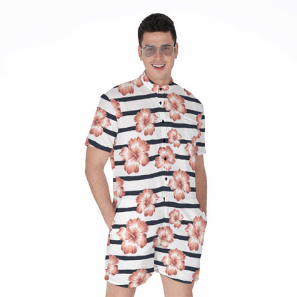 Pink Hibiscus Striped Pattern Print Men's Rompers