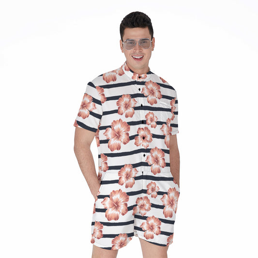 Pink Hibiscus Striped Pattern Print Men's Rompers