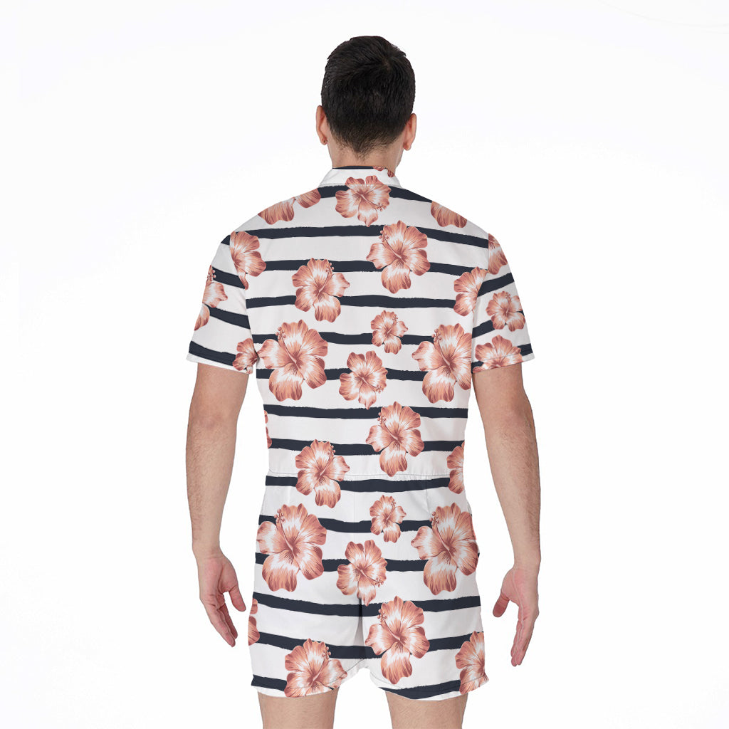 Pink Hibiscus Striped Pattern Print Men's Rompers