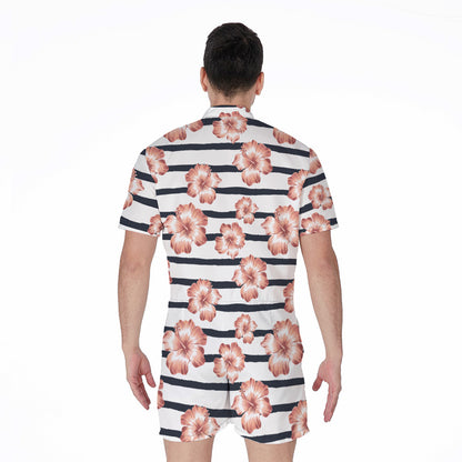 Pink Hibiscus Striped Pattern Print Men's Rompers
