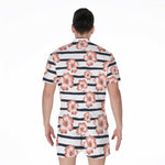 Pink Hibiscus Striped Pattern Print Men's Rompers