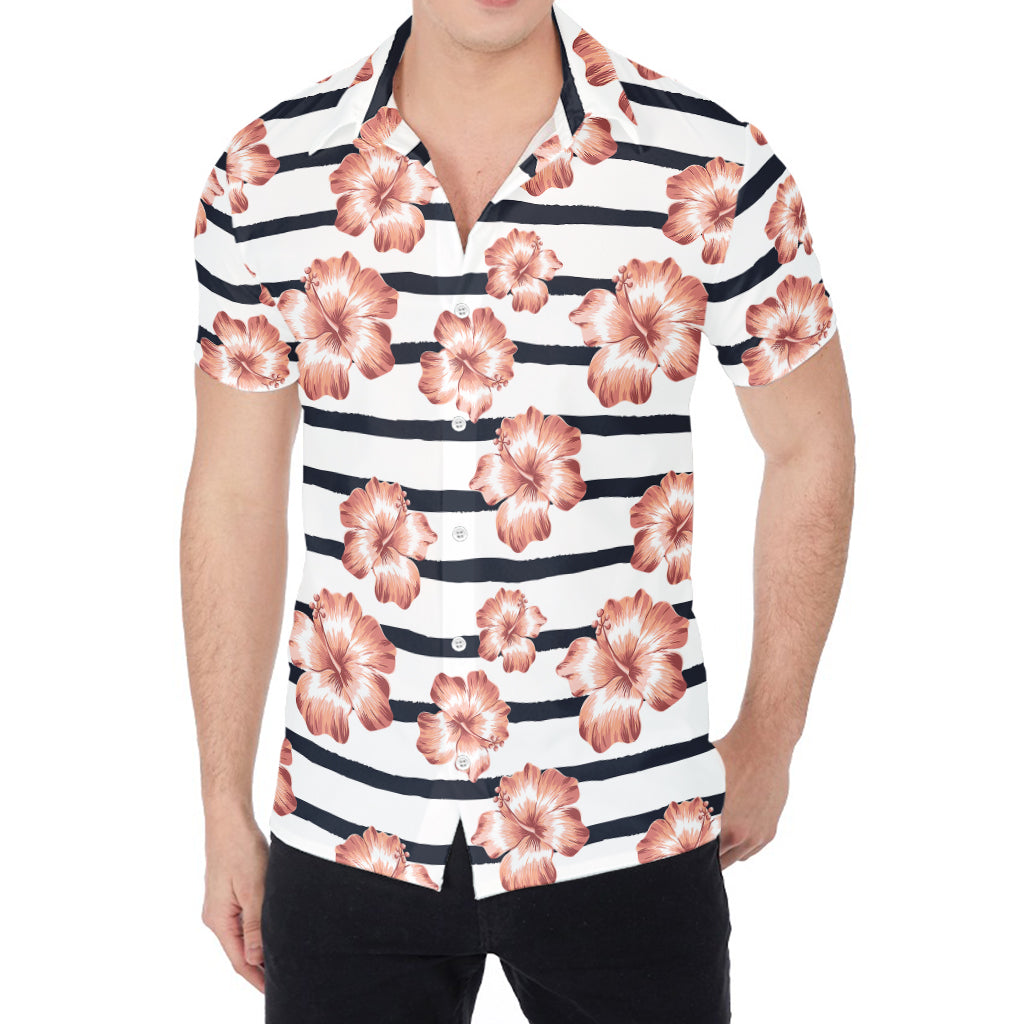 Pink Hibiscus Striped Pattern Print Men's Shirt