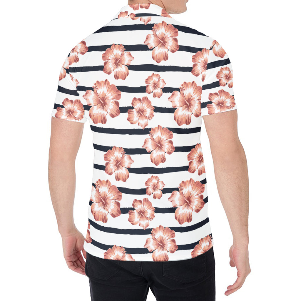 Pink Hibiscus Striped Pattern Print Men's Shirt