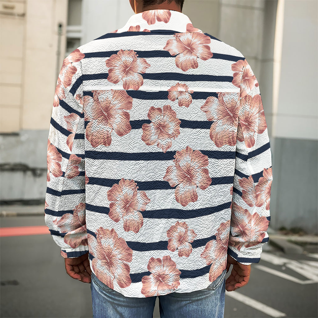 Pink Hibiscus Striped Pattern Print Men's Shirt Jacket
