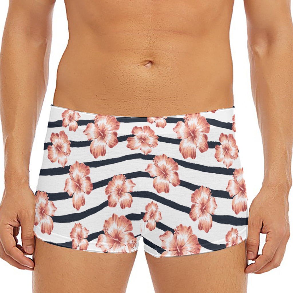 Pink Hibiscus Striped Pattern Print Men's Short Boxer Briefs