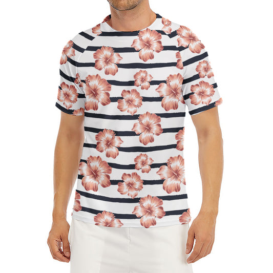 Pink Hibiscus Striped Pattern Print Men's Short Sleeve Rash Guard
