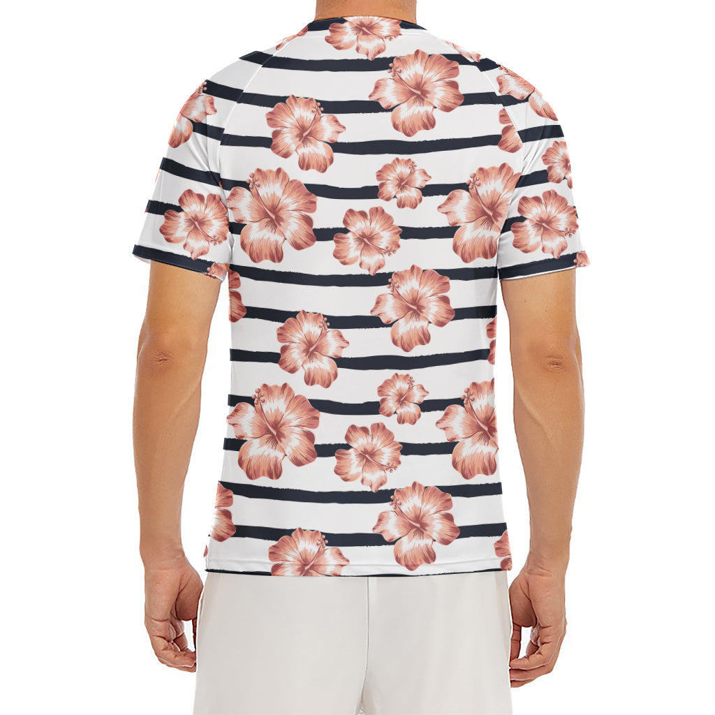Pink Hibiscus Striped Pattern Print Men's Short Sleeve Rash Guard
