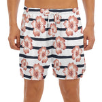 Pink Hibiscus Striped Pattern Print Men's Split Running Shorts