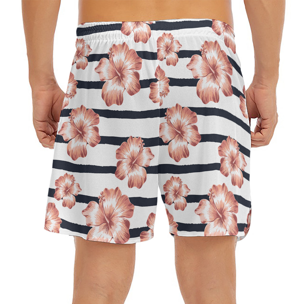 Pink Hibiscus Striped Pattern Print Men's Split Running Shorts
