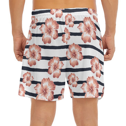 Pink Hibiscus Striped Pattern Print Men's Split Running Shorts