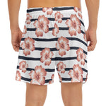 Pink Hibiscus Striped Pattern Print Men's Split Running Shorts