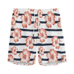 Pink Hibiscus Striped Pattern Print Men's Sports Shorts