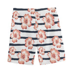 Pink Hibiscus Striped Pattern Print Men's Sports Shorts