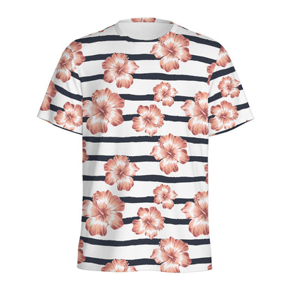 Pink Hibiscus Striped Pattern Print Men's Sports T-Shirt