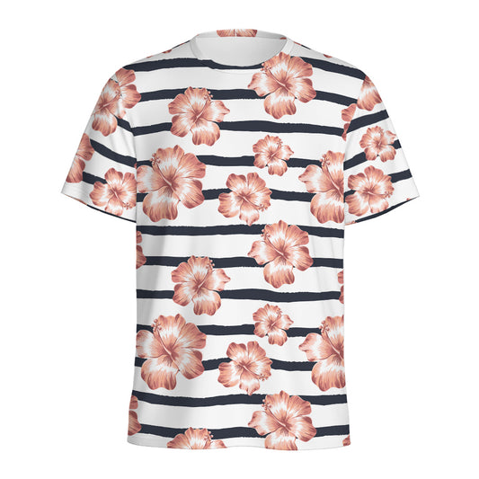 Pink Hibiscus Striped Pattern Print Men's Sports T-Shirt