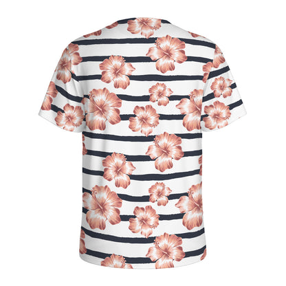 Pink Hibiscus Striped Pattern Print Men's Sports T-Shirt