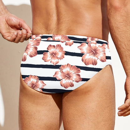 Pink Hibiscus Striped Pattern Print Men's Swim Briefs