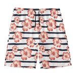 Pink Hibiscus Striped Pattern Print Men's Swim Trunks