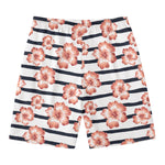 Pink Hibiscus Striped Pattern Print Men's Swim Trunks