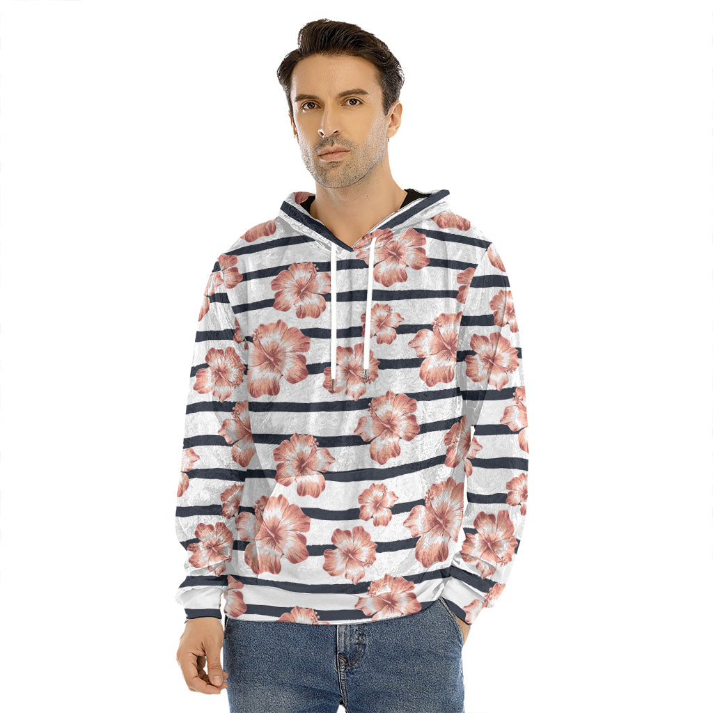 Pink Hibiscus Striped Pattern Print Men's Velvet Pullover Hoodie