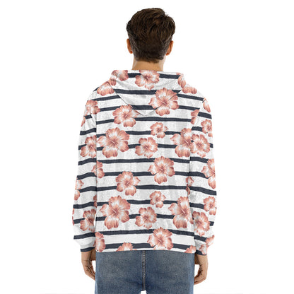 Pink Hibiscus Striped Pattern Print Men's Velvet Pullover Hoodie