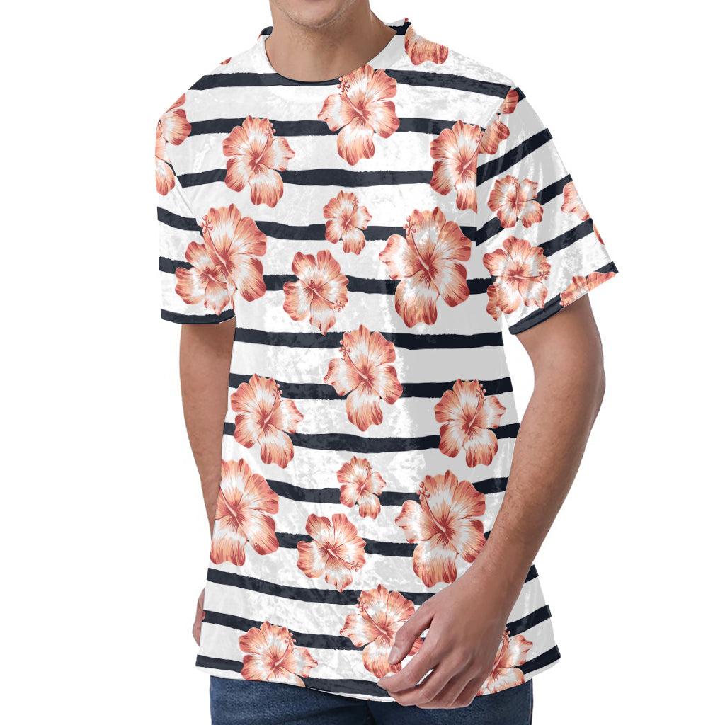 Pink Hibiscus Striped Pattern Print Men's Velvet T-Shirt
