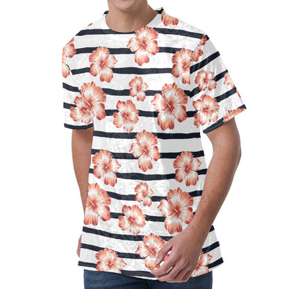 Pink Hibiscus Striped Pattern Print Men's Velvet T-Shirt