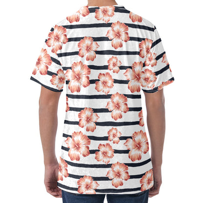 Pink Hibiscus Striped Pattern Print Men's Velvet T-Shirt