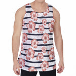 Pink Hibiscus Striped Pattern Print Men's Velvet Tank Top