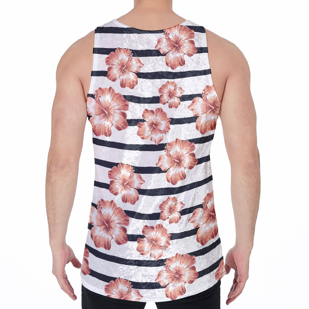 Pink Hibiscus Striped Pattern Print Men's Velvet Tank Top