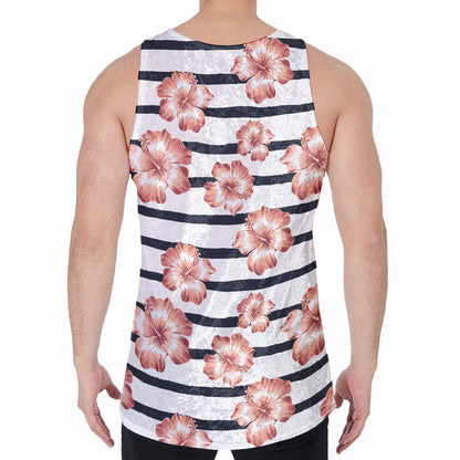 Pink Hibiscus Striped Pattern Print Men's Velvet Tank Top