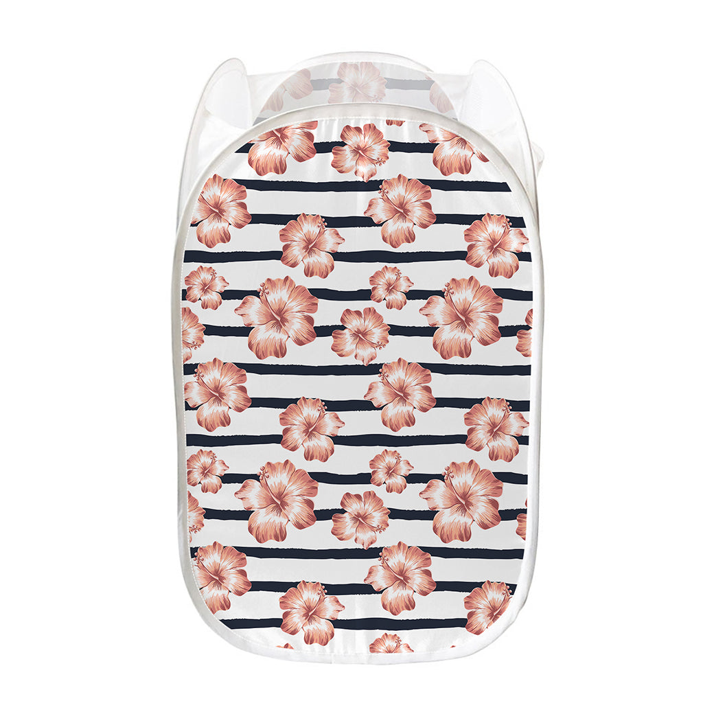 Pink Hibiscus Striped Pattern Print Mesh Laundry Hamper
