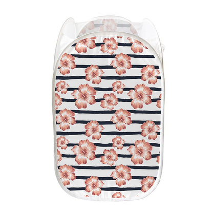 Pink Hibiscus Striped Pattern Print Mesh Laundry Hamper
