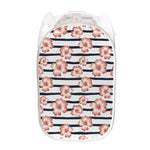 Pink Hibiscus Striped Pattern Print Mesh Laundry Hamper