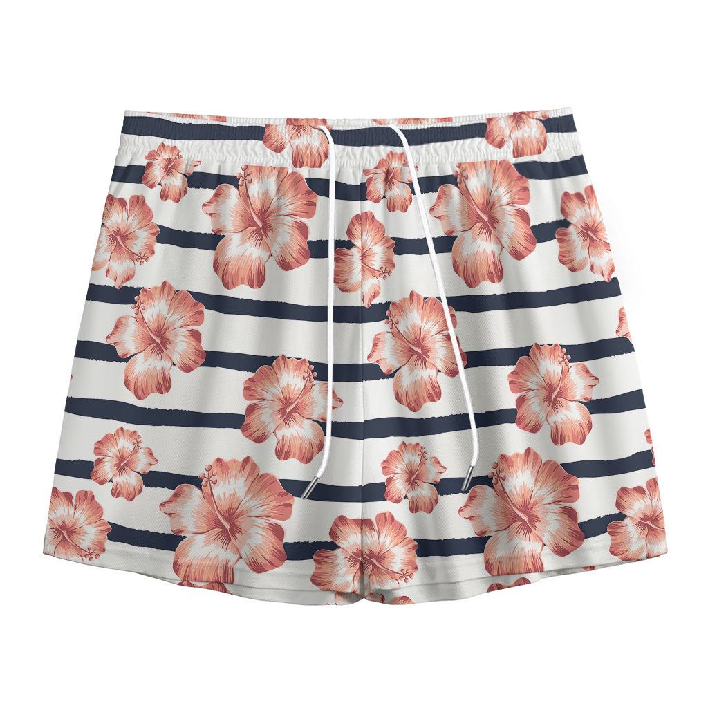 Pink Hibiscus Striped Pattern Print Mesh Shorts