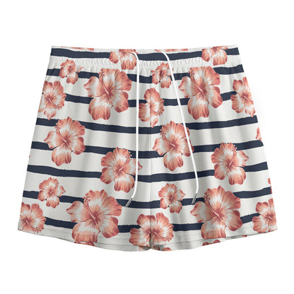 Pink Hibiscus Striped Pattern Print Mesh Shorts