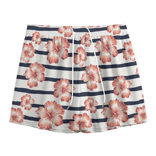 Pink Hibiscus Striped Pattern Print Mesh Shorts