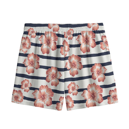 Pink Hibiscus Striped Pattern Print Mesh Shorts
