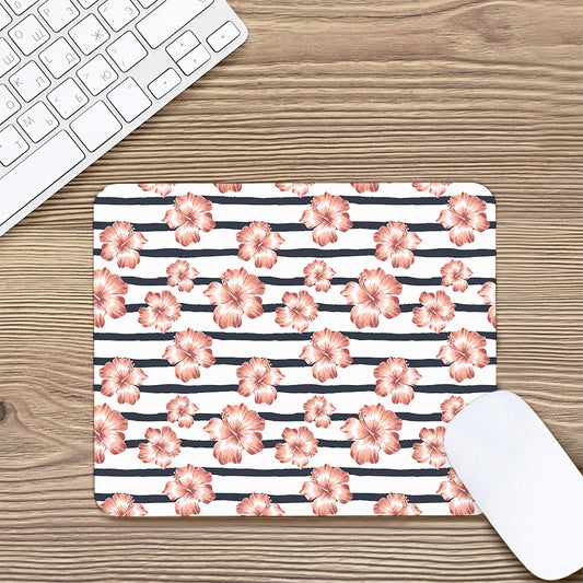 Pink Hibiscus Striped Pattern Print Mouse Pad