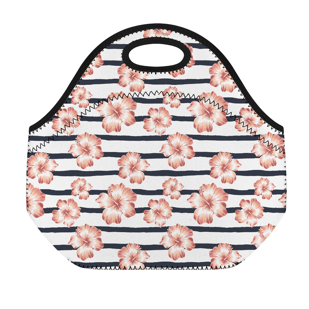 Pink Hibiscus Striped Pattern Print Neoprene Lunch Bag