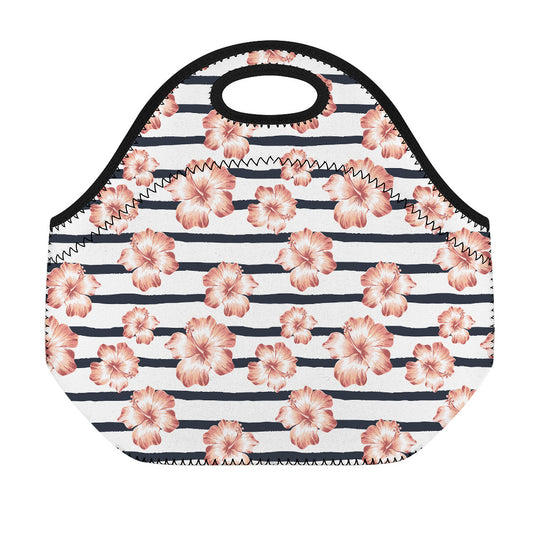 Pink Hibiscus Striped Pattern Print Neoprene Lunch Bag