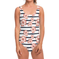 Pink Hibiscus Striped Pattern Print One Piece Swimsuit