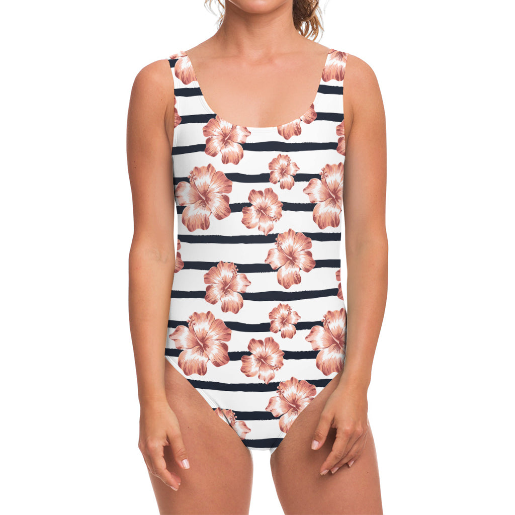 Pink Hibiscus Striped Pattern Print One Piece Swimsuit