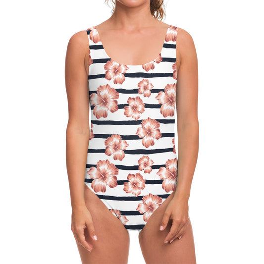 Pink Hibiscus Striped Pattern Print One Piece Swimsuit