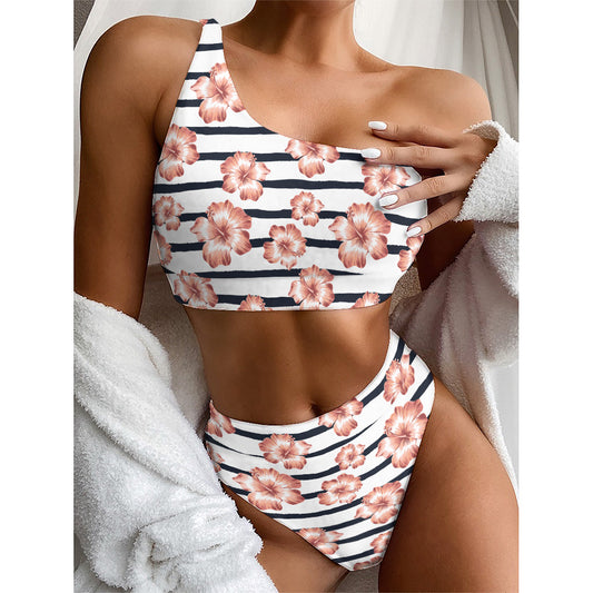Pink Hibiscus Striped Pattern Print One Shoulder Bikini Top