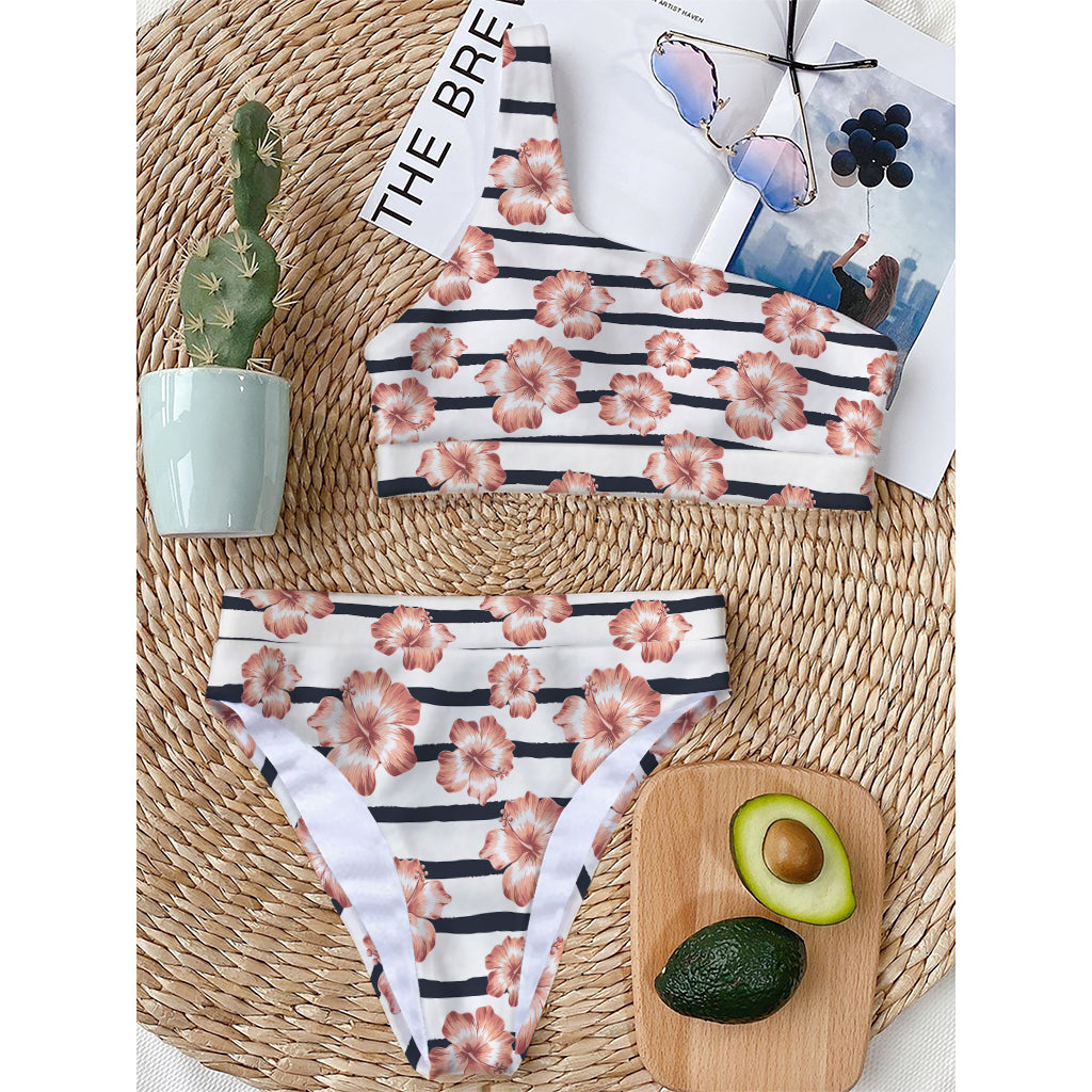Pink Hibiscus Striped Pattern Print One Shoulder Bikini Top