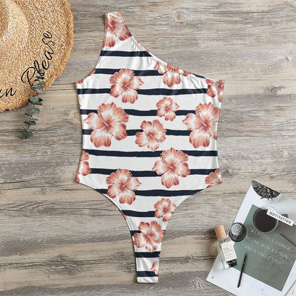 Pink Hibiscus Striped Pattern Print One Shoulder Bodysuit