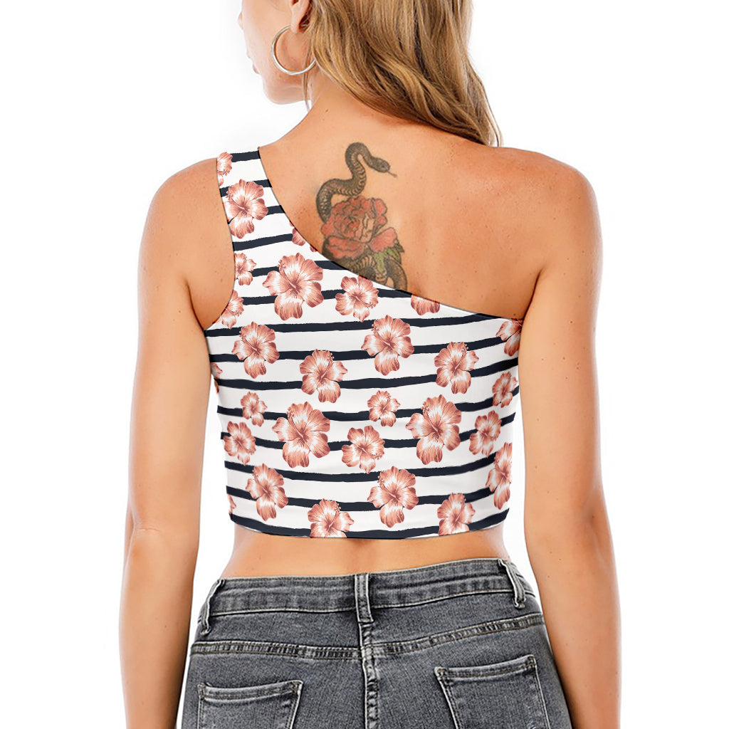 Pink Hibiscus Striped Pattern Print One Shoulder Crop Top