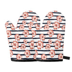 Pink Hibiscus Striped Pattern Print Oven Mitts