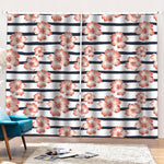 Pink Hibiscus Striped Pattern Print Pencil Pleat Curtains